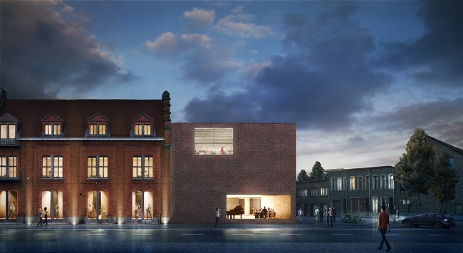 Het complex oogt transparant, ook in de avonduren.